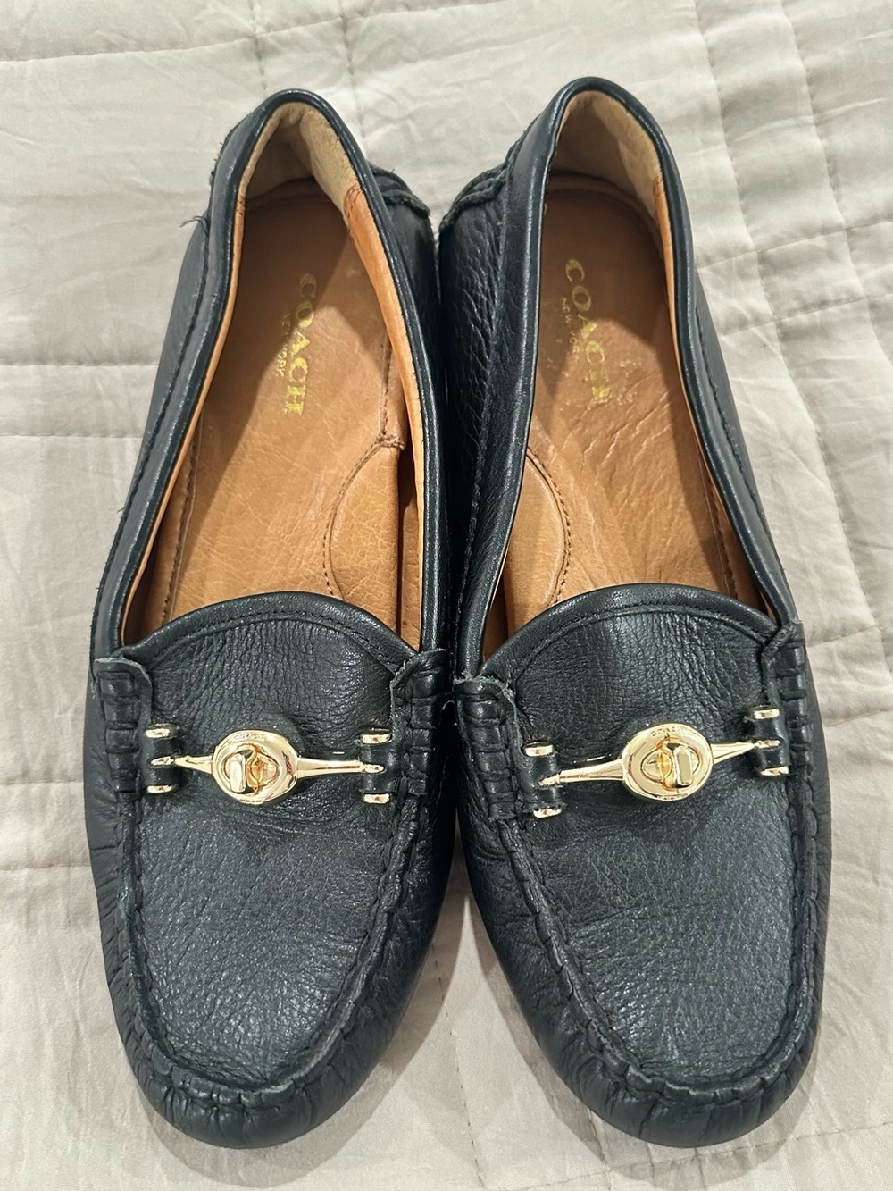 Coach Black Leather Loafers with Gold Hardware